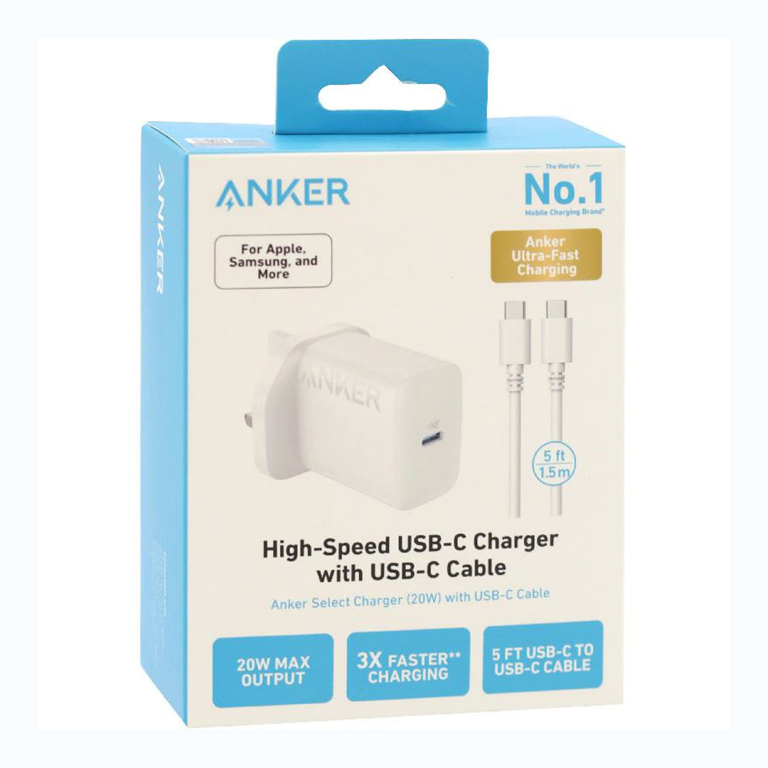 Anker 20W USB-C Fast Charger with 5ft USB-C Cable | High-Speed Wall Charger for iPhone, iPad, Samsung & More (1 Year Warranty)