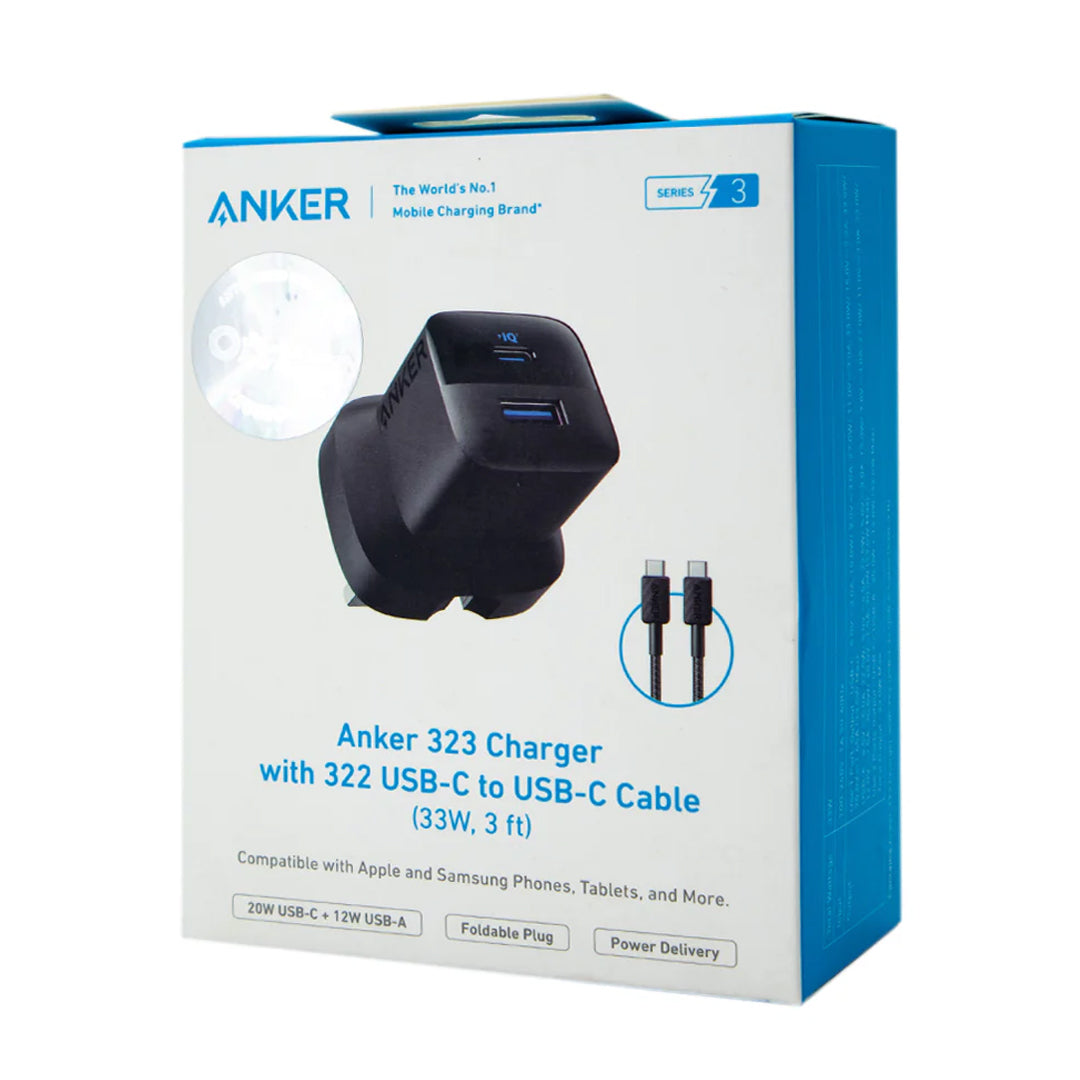 Anker 323 33W Dual Port Fast Charger with USB-C to USB-C Cable | USB-C + USB-A Power Delivery Wall Charger – 3X Faster Charging – (1 Year Warranty)