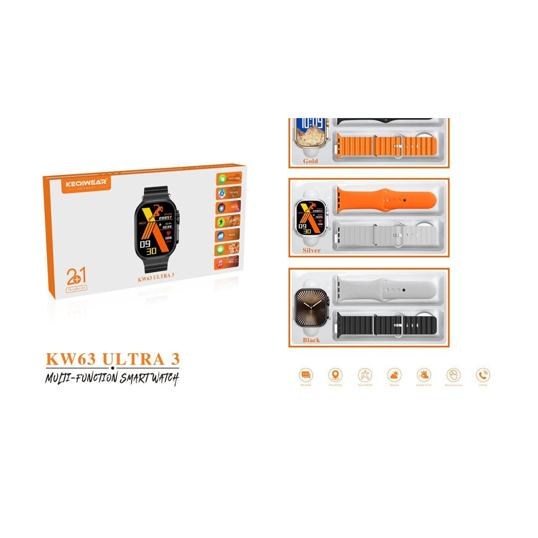 KW63 Ultra 3 Smart Watch – Fitness Tracker with 3 Straps